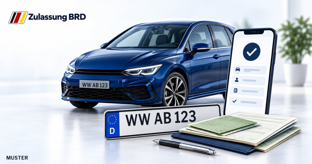 Online Fahrzeugzulassung in Montabaur: Musterkennzeichen WW AB 123, Auto und Fahrzeugpapiere und Smartphone. Illustration mit Logo von Zulassung BRD.